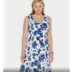 Chaps Floral Fit & Flare Sleeveless Summer Dress Size 10 Blue/White